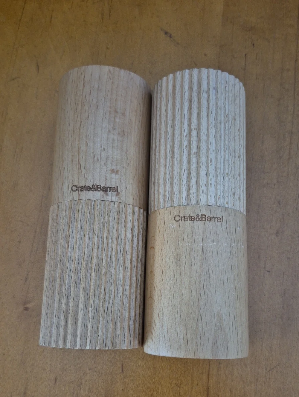 Crate&Barrel Natural Wood Ribbed Salt and Pepper Shakers